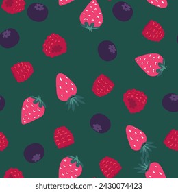 Seamless vector pattern of mixed berries on a dark green background