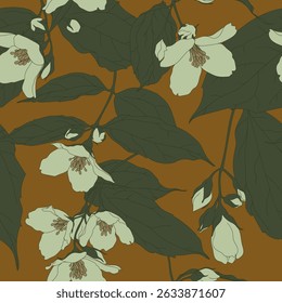 
Seamless vector pattern with mock orange leaves and flowers on a golden brown background, linear drawing and solid color fill.