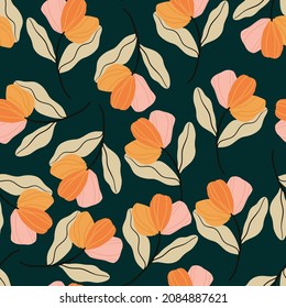 Seamless vector pattern with modern abstract graphic flowers on a dark blue background 