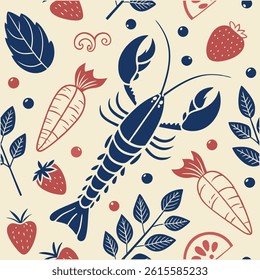 A seamless vector pattern of modern food art featuring fruits, vegetables, fish, and lobster in trendy geometric style. Perfect for digital prints, textiles, and creative designs.
