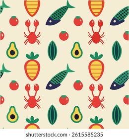 A seamless vector pattern of modern food art featuring fruits, vegetables, fish, and lobster in trendy geometric style. Perfect for digital prints, textiles, and creative designs.