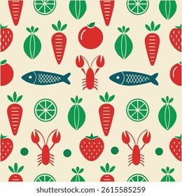 A seamless vector pattern of modern food art featuring fruits, vegetables, fish, and lobster in trendy geometric style. Perfect for digital prints, textiles, and creative designs.