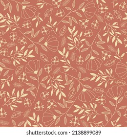 Seamless vector pattern. Modern garden flowers, monotone retro mood. Design for fashion, fabric, web, wallpapers, packaging and all prints on vintage orange color.