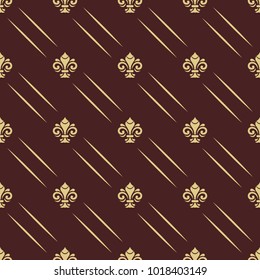 Seamless vector pattern. Modern geometric ornament with golden diagonal elements and royal lilies. Classic vintage background