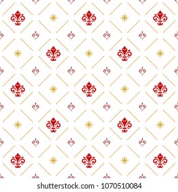 Seamless vector pattern. Modern geometric ornament with red royal lilies. Classic vintage background