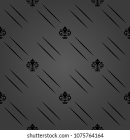 Seamless vector pattern. Modern geometric ornament with dark diagonal lines and royal lilies. Classic vintage background