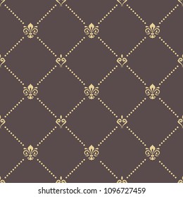 Seamless vector pattern. Modern geometric ornament with royal lilies. Classic brown and golden vintage background