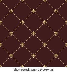 Seamless vector pattern. Modern geometric ornament with golden royal lilies. Classic vintage background