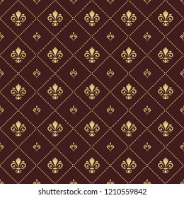 Seamless vector pattern. Modern geometric brown and golden ornament with royal lilies. Classic vintage background