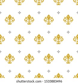 Seamless vector pattern. Modern geometric ornament with golden royal lilies and silver stars. Classic vintage background