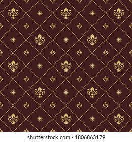 Patrón vectorial sin cable. Ornamento geométrico moderno con lirios reales dorados. Fondo clásico vintage