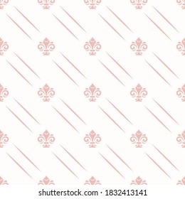 Seamless vector pattern. Modern geometric ornament with pink royal lilies. Classic vintage background