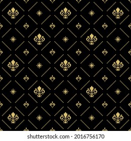 Seamless vector pattern. Modern geometric ornament with golden royal lilies. Classic vintage golden background