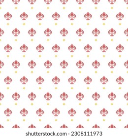 Seamless vector pattern. Modern geometric ornament with royal lilies. Classic red and golden background