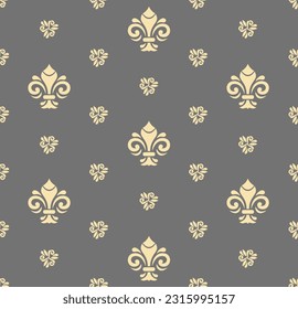 Seamless vector pattern. Modern geometric ornament with royal lilies. Classic gray and yellow background