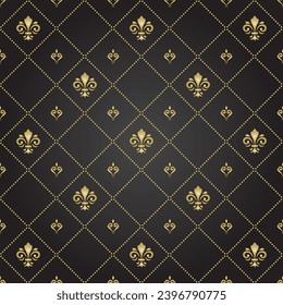 Seamless vector pattern. Modern geometric ornament with royal lilies. Classic black golden background