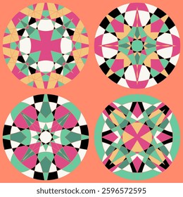 Seamless vector pattern. Modern geometric stained glass ethnic mosaic with vibrant circles. Polygons in orange, pink, green, white, black mandala like, abstract ethnic design. Light coral background.