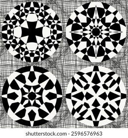 Seamless vector pattern. Modern geometric stained glass mosaic with circles. Polygons in black, white creating a kaleidoscope like design geometric mosaic shapes and a sketchy, textured background.