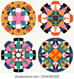 Seamless vector pattern. Modern geometric stained glass ethnic mosaic with vibrant circles. Polygons in orange, pink, green, navy blue, white, black creating a mandala like, abstract ethnic design.