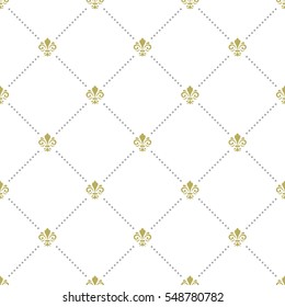 Seamless vector pattern. Modern geometric ornament with golden royal lilies. Classic vintage background.