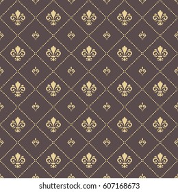 Seamless vector pattern. Modern geometric ornament with golden royal lilies. Classic vintage background
