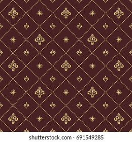 Seamless vector pattern. Modern geometric ornament with golden royal lilies. Classic vintage background