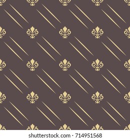 Seamless vector pattern. Modern geometric ornament with golden royal lilies and diagonal lines. Classic vintage background