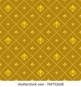 Seamless vector pattern. Modern geometric ornament with golden royal lilies. Classic vintage background
