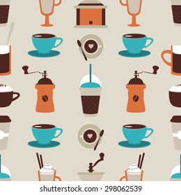Seamless vector pattern with modern icons for coffee shop. Abstract coffee background