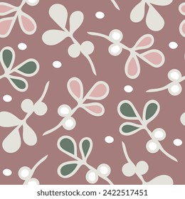 Seamless vector pattern with modern leaves and dots on pink background. Simple artistic floral wallpaper design. Decorative flower fashion textile.