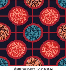 Seamless vector pattern. Modern stylish hand drawn dot grid stripes. Repeating brush stroke lines background. Abstract folk art colors. Trendy surface design textiles, all over print, boho wallpaper