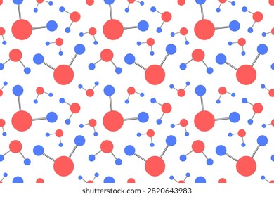 Seamless vector pattern of molecular structures featuring red and blue chemical bonds on a white background. Ideal for chemistry, STEM education, and scientific surface designs.