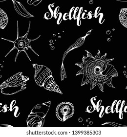 Seamless vector pattern with mollusks, isolated on black background,white contour.For children's books, textiles, wallpapers, factories, backgrounds, design, decor, decoration, print, poster