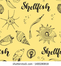 Seamless vector pattern with mollusks, isolated on an yellow background, black contour. For children's books, textiles, wallpapers, factories, backgrounds, design, decor, decoration, print, poster