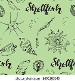 Seamless vector pattern with mollusks, isolated on green background, black contour. For children's books, textiles, wallpapers, factories, backgrounds, design, decor, decoration, print, poster