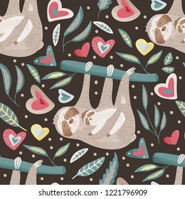 Seamless vector pattern with the mom sloth with a little baby lazy bear holding on a branch. Vector hand drawn animal illustrations in a flat style with floral elements and hearts.