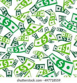 Seamless vector pattern of money on a white background. Flying dollars. Paper banknotes. Business concept.