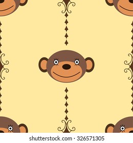 Seamless vector pattern with monkey muzzles and decorative elements.Seamless pattern can be used for wallpaper, pattern fills, web page background, surface textures.