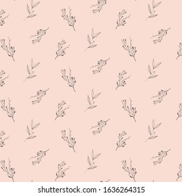 Seamless vector pattern monochrome floral elements, branches and leaves background.