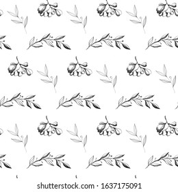 Seamless vector pattern monochrome floral elements, branches and leaves background.