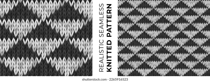 Seamless vector pattern of monochrome knitted wool fabric with triangles. Geometric print. Realistic repeating knitwear texture for background, wallpaper, cloth, wrapping paper, website backdrop