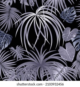Seamless vector pattern monochrome silver palm tree leaves and flowers on black background  