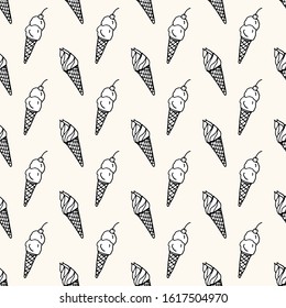 Seamless vector pattern with monocrome ice cream on cone with cherry. Can be used for wallpaper, pattern fills, web page background