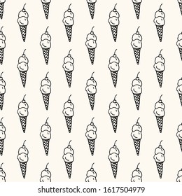 Seamless vector pattern with monocrome ice cream on cone with cherry. Can be used for wallpaper, pattern fills, web page background