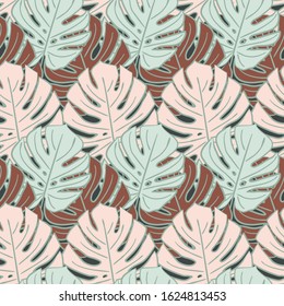 Seamless vector pattern with monstera leaves in art deco style. Blue, pink and brown leaves on a dark background. Ornament with large jungle.
