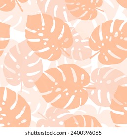 Seamless vector pattern with monstera leaves. Trend color 2024 Peach Fuzz. Background for fabric, fashion design, wallpaper, textile and other design projects.