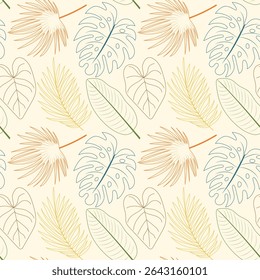 Seamless vector pattern with monstera, palm leaves. Line art, outlines. Perfect for textiles, wallpapers, wrapping paper. Botanical pattern with tropical leaves.