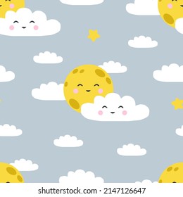 Seamless vector pattern with moon, clouds and stars on blue sky	