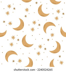 Seamless vector pattern. Moon, crescent moon and stars. Magical background, night sky 