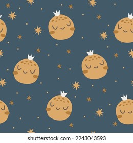 Seamless vector pattern. Moon, crescent moon and stars. Magical background, night sky. Moon with a cute face, sleeping planet  